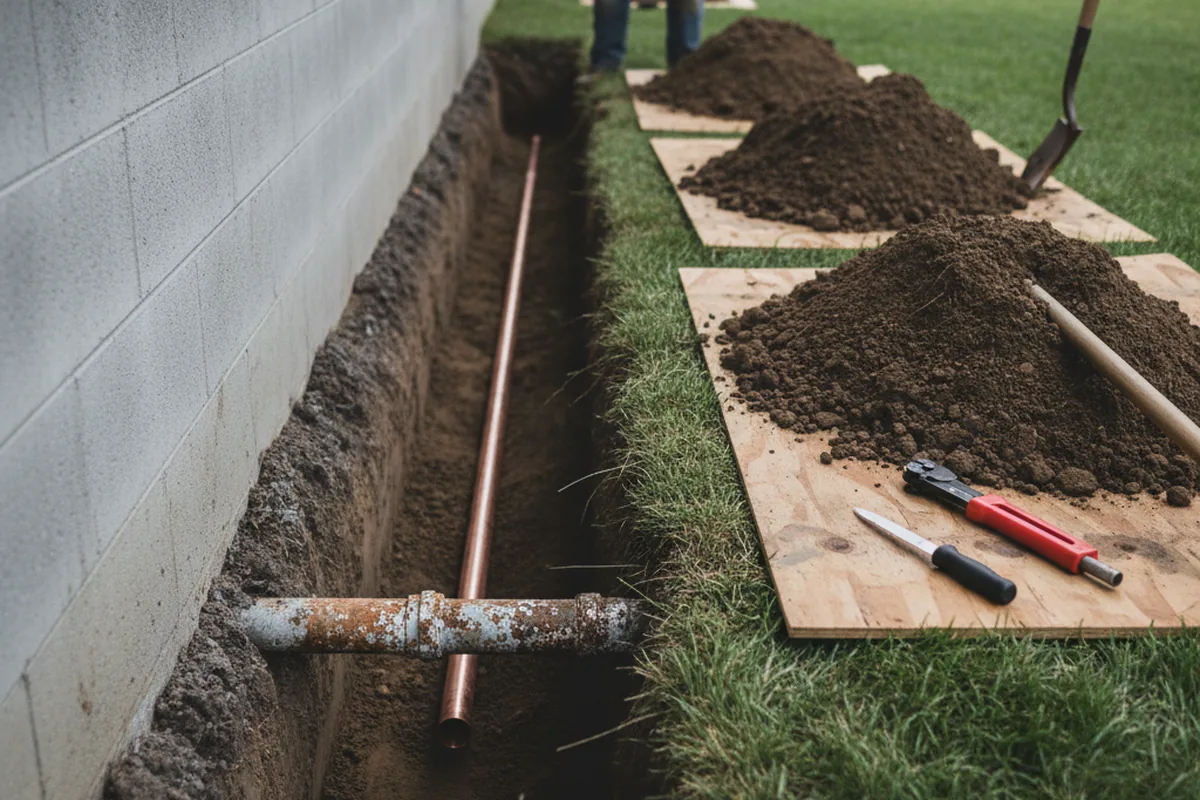 Excavated water line trench during Sewer Line Repair in Glen